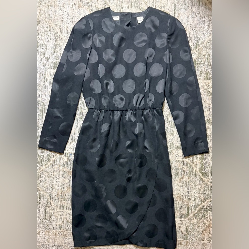 Vintage Liz Claiborne Black Textured Polka Dot Midi Dress Size 10 Career